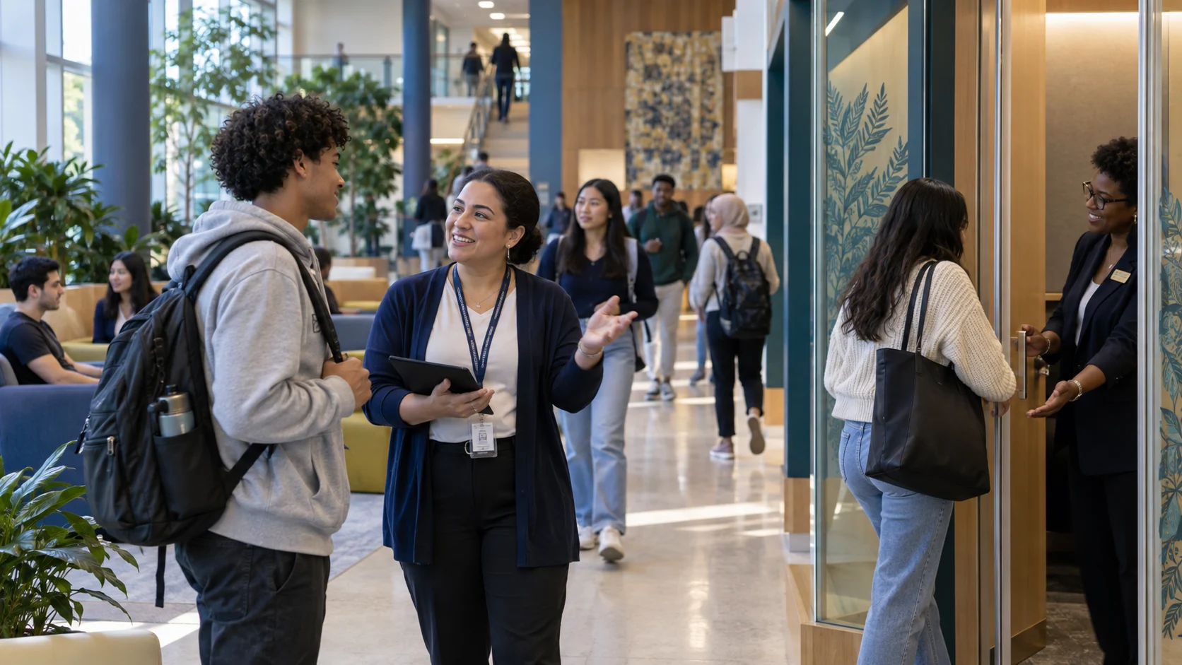 Student receiving guidance from an advisor in a campus service environment