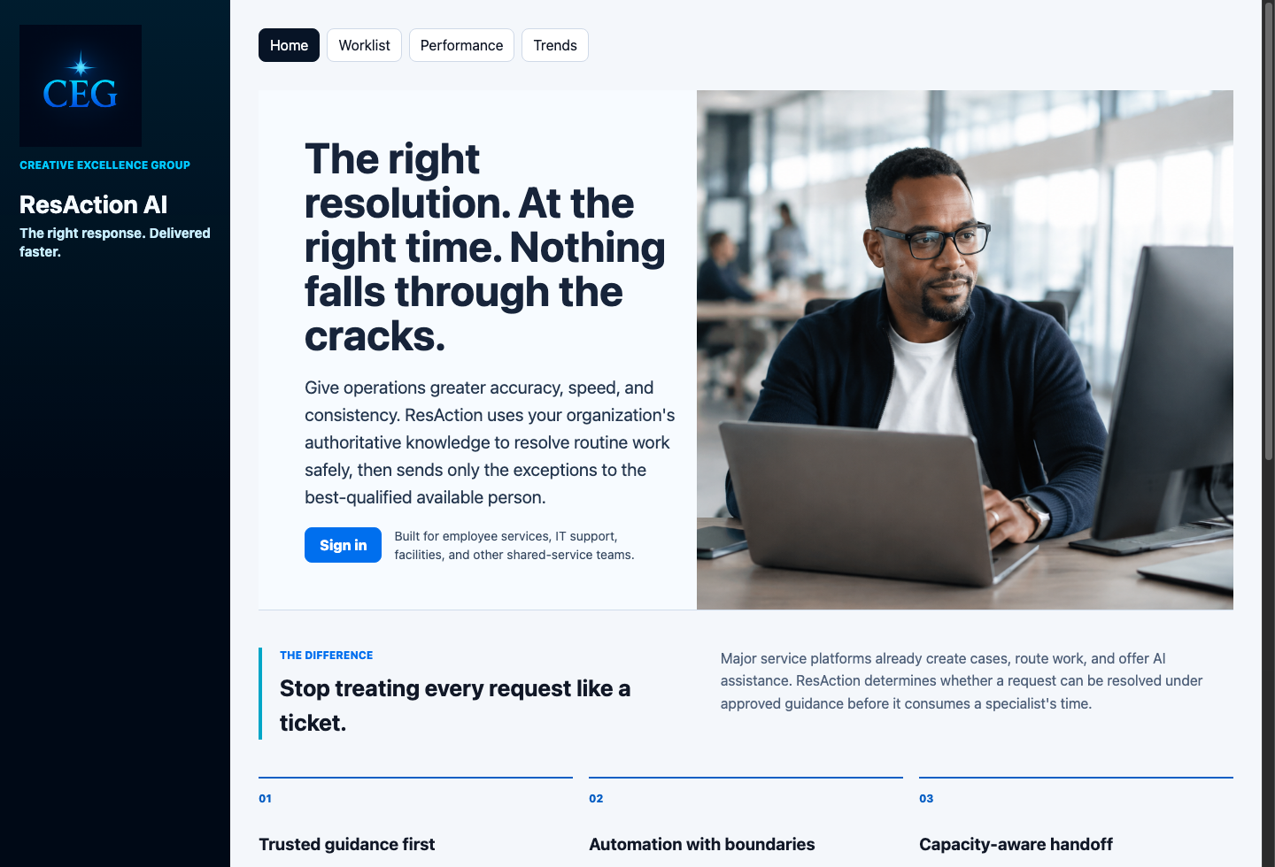 ResAction AI welcome screen presenting the problem of operational requests falling through disconnected workflows and the platform's governed resolution approach.