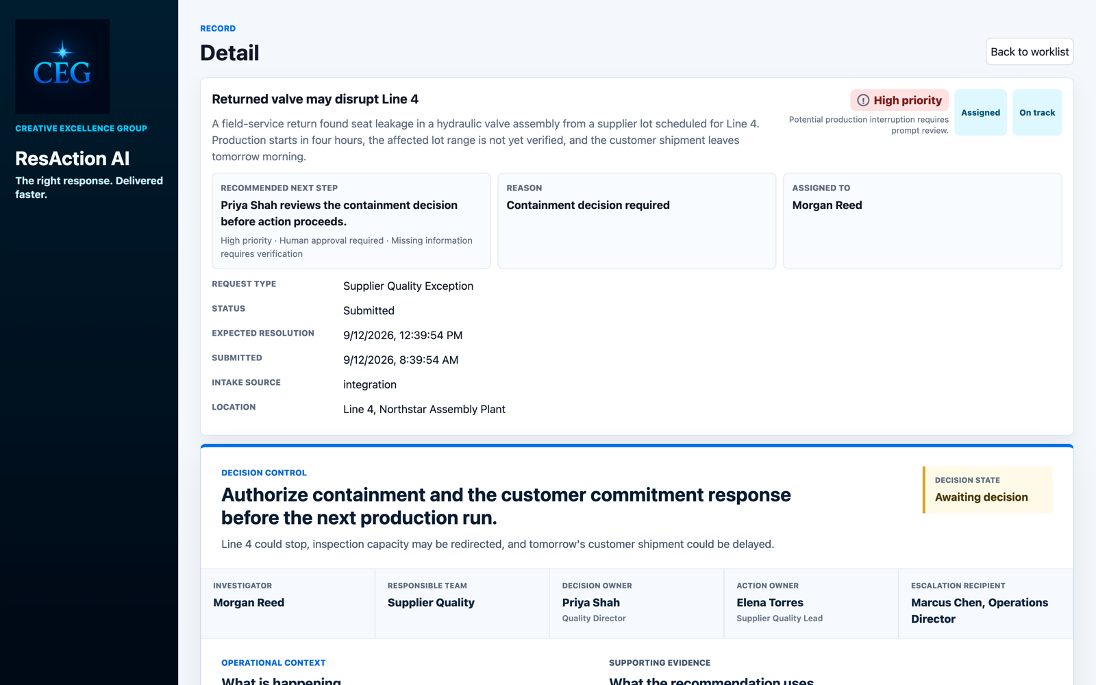 ResAction AI structured intake screen applying categories, priorities, service expectations, and request information requirements.