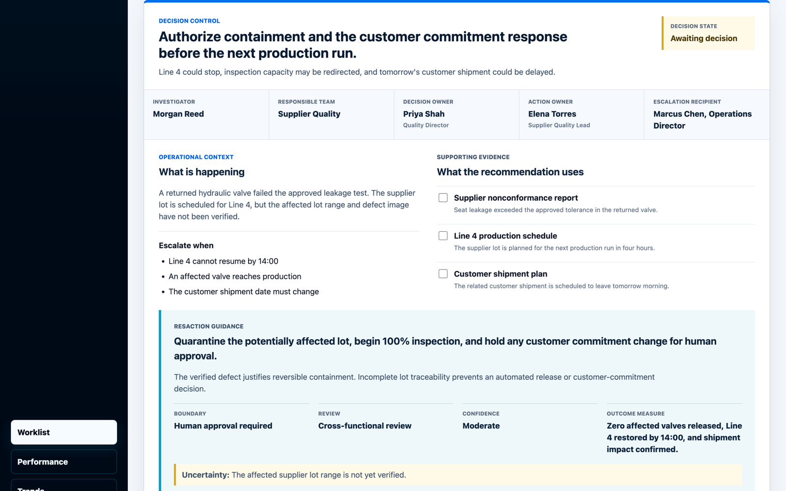 ResAction AI decision control panel showing facts, policy references, missing information, guidance, and accountable roles.