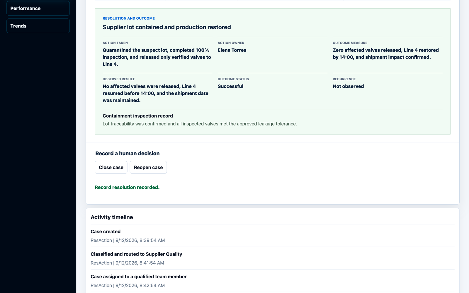 ResAction AI resolution and outcome screen connecting actions, evidence, status, and confirmation to the original request.